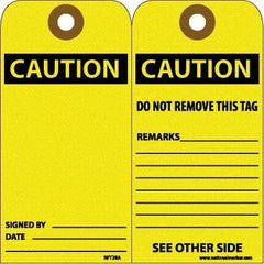 NMC - 6" High x 3" Long, CAUTION, English Safety & Facility Accident Prevention Tag - Tag Header: CAUTION, 2 Sides, White Unrippable Vinyl - Apex Tool & Supply