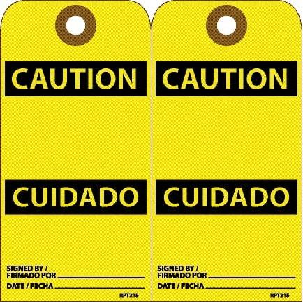 NMC - 6" High x 3" Long, CAUTION, English & Spanish Safety & Facility Accident Prevention Tag - Tag Header: CAUTION, 2 Sides, White Unrippable Vinyl - Apex Tool & Supply