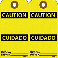 NMC - 6" High x 3" Long, CAUTION, English & Spanish Safety & Facility Accident Prevention Tag - Tag Header: CAUTION, 2 Sides, White Unrippable Vinyl - Apex Tool & Supply