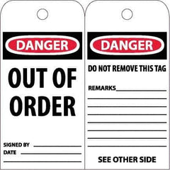 NMC - 6" High x 3" Long, DANGER - OUT OF ORDER, English Safety & Facility Accident Prevention Tag - Tag Header: Danger, 2 Sides, White Unrippable Vinyl - Apex Tool & Supply