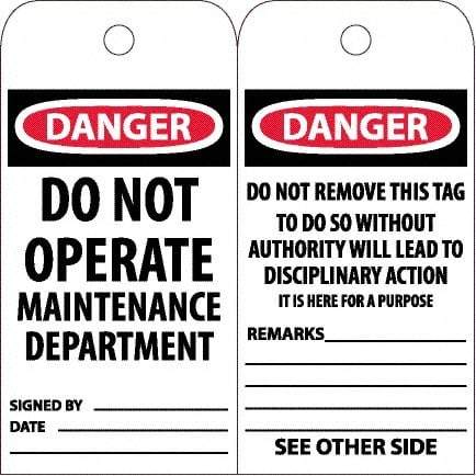 NMC - 6" High x 3" Long, DANGER - DO NOT OPERATE - MAINTENANCE DEPARTMENT, English Safety & Facility Accident Prevention Tag - Tag Header: Danger, 2 Sides, White Unrippable Vinyl - Apex Tool & Supply