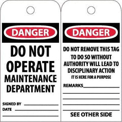 NMC - 6" High x 3" Long, DANGER - DO NOT OPERATE - MAINTENANCE DEPARTMENT, English Safety & Facility Accident Prevention Tag - Tag Header: Danger, 2 Sides, White Unrippable Vinyl - Apex Tool & Supply