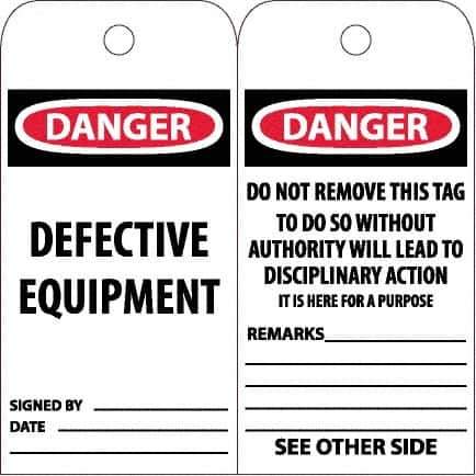 NMC - 6" High x 3" Long, DANGER - DEFECTIVE EQUIPMENT, English Safety & Facility Accident Prevention Tag - Tag Header: Danger, 2 Sides, White Unrippable Vinyl - Apex Tool & Supply