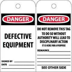 NMC - 6" High x 3" Long, DANGER - DEFECTIVE EQUIPMENT, English Safety & Facility Accident Prevention Tag - Tag Header: Danger, 2 Sides, White Unrippable Vinyl - Apex Tool & Supply