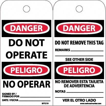 NMC - 6" High x 3" Long, DANGER - DO NOT OPERATE, English & Spanish Safety & Facility Accident Prevention Tag - Tag Header: Danger, 2 Sides, White Unrippable Vinyl - Apex Tool & Supply