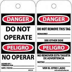 NMC - 6" High x 3" Long, DANGER - DO NOT OPERATE, English & Spanish Safety & Facility Accident Prevention Tag - Tag Header: Danger, 2 Sides, White Unrippable Vinyl - Apex Tool & Supply