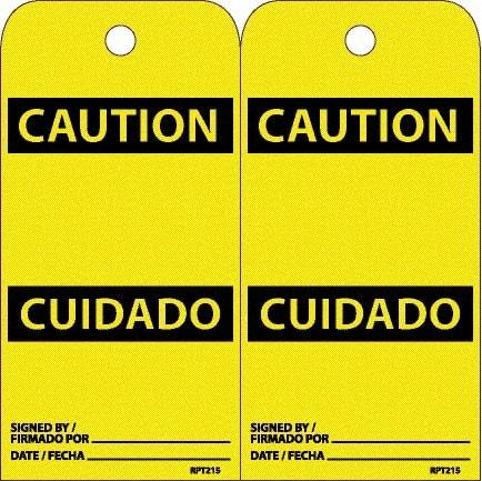 NMC - 6" High x 3" Long, CAUTION, English & Spanish Safety & Facility Accident Prevention Tag - Tag Header: CAUTION, 2 Sides, White Unrippable Vinyl - Apex Tool & Supply