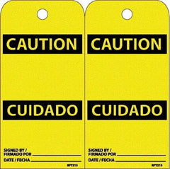 NMC - 6" High x 3" Long, CAUTION, English & Spanish Safety & Facility Accident Prevention Tag - Tag Header: CAUTION, 2 Sides, White Unrippable Vinyl - Apex Tool & Supply