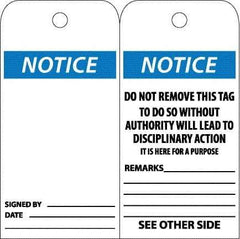 NMC - 6" High x 3" Long, Notice, English Safety & Facility Accident Prevention Tag - Tag Header: Notice, 2 Sides, White Poly - Apex Tool & Supply