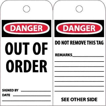 NMC - 6" High x 3" Long, DANGER - OUT OF ORDER, English Safety & Facility Accident Prevention Tag - Tag Header: Danger, 2 Sides, White Poly - Apex Tool & Supply