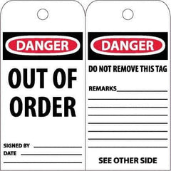 NMC - 6" High x 3" Long, DANGER - OUT OF ORDER, English Safety & Facility Accident Prevention Tag - Tag Header: Danger, 2 Sides, White Poly - Apex Tool & Supply