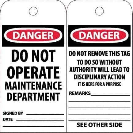 NMC - 6" High x 3" Long, DANGER - DO NOT OPERATE - MAINTENANCE DEPARTMENT, English Safety & Facility Accident Prevention Tag - Tag Header: Danger, 2 Sides, White Poly - Apex Tool & Supply