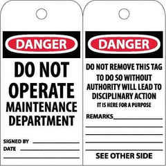 NMC - 6" High x 3" Long, DANGER - DO NOT OPERATE - MAINTENANCE DEPARTMENT, English Safety & Facility Accident Prevention Tag - Tag Header: Danger, 2 Sides, White Poly - Apex Tool & Supply