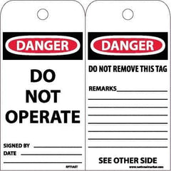 NMC - 6" High x 3" Long, DANGER - DO NOT OPERATE, English Safety & Facility Accident Prevention Tag - Tag Header: Danger, 2 Sides, White Poly - Apex Tool & Supply