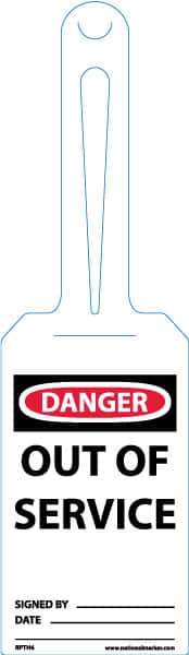 NMC - 11-1/4" High x 3-1/4" Long, Danger - Out of Service, English Safety & Facility Tag - Tag Header: Danger, 1 Side, White Unrippable Vinyl - Apex Tool & Supply