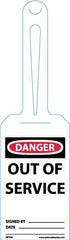 NMC - 11-1/4" High x 3-1/4" Long, Danger - Out of Service, English Safety & Facility Tag - Tag Header: Danger, 1 Side, White Unrippable Vinyl - Apex Tool & Supply