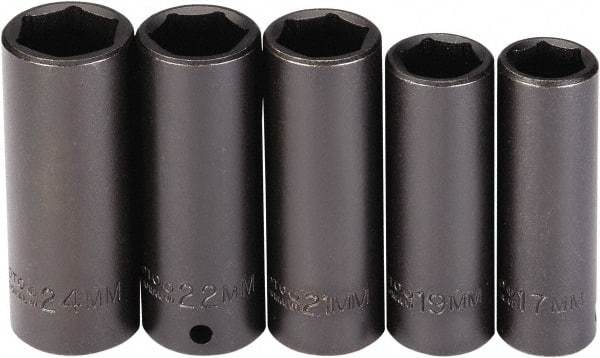 Proto - 5 Piece 1/2" Drive Black Finish Deep Well Socket Set - 6 Points, 17mm to 24mm Range, Metric Measurement Standard - Apex Tool & Supply