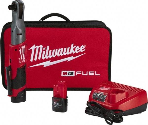 Milwaukee Tool - 1/2" Drive 12 Volt Pistol Grip Cordless Impact Wrench & Ratchet - 175 RPM, 60 Ft/Lb Torque, 2 Lithium-Ion Batteries Included - Apex Tool & Supply