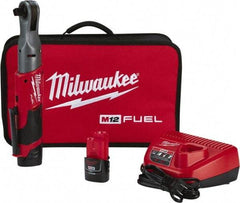 Milwaukee Tool - 1/2" Drive 12 Volt Pistol Grip Cordless Impact Wrench & Ratchet - 175 RPM, 60 Ft/Lb Torque, 2 Lithium-Ion Batteries Included - Apex Tool & Supply
