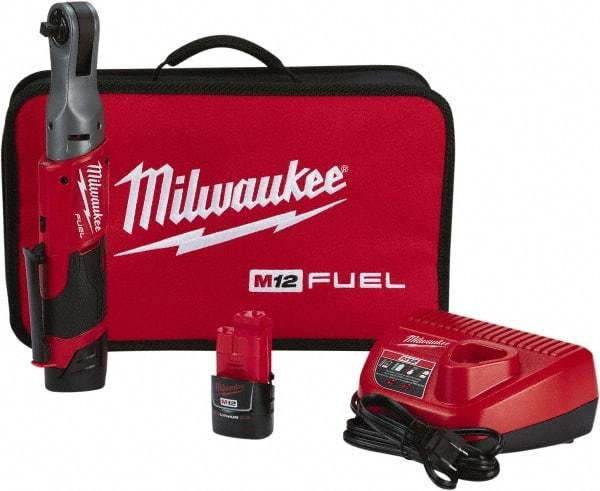 Milwaukee Tool - 3/8" Drive 12 Volt Pistol Grip Cordless Impact Wrench & Ratchet - 200 RPM, 55 Ft/Lb Torque, 2 Lithium-Ion Batteries Included - Apex Tool & Supply