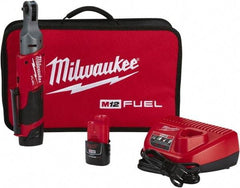 Milwaukee Tool - 1/4" Drive 12 Volt Pistol Grip Cordless Impact Wrench & Ratchet - 250 RPM, 40 Ft/Lb Torque, 2 Lithium-Ion Batteries Included - Apex Tool & Supply