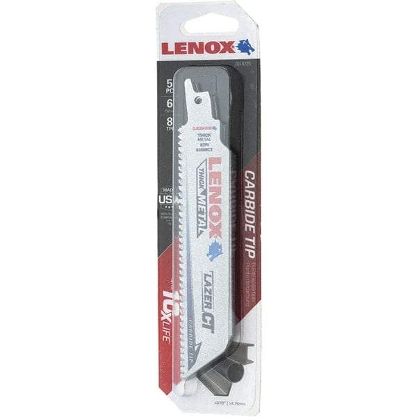 Lenox - 6" Long x 1" Thick, Bi-Metal Reciprocating Saw Blade - Tapered Profile, 8 TPI, Toothed Edge, Tang Shank - Apex Tool & Supply