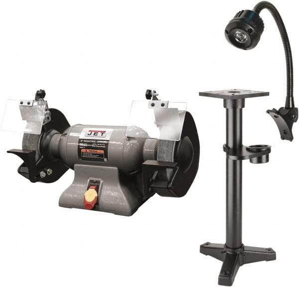 Jet - 8" Wheel Diam x 1" Wheel Width, 1 hp Grinder - 0.63" Arbor Hole Diam, 1 Phase, 3,450 Max RPM, 115 Volts - Apex Tool & Supply
