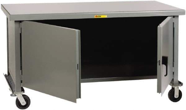 Little Giant - 3,600 Lb Capacity, 2 Shelf, 2 Door Mobile Heavy-Duty Workbench Cabinet - 60" Wide x 30" Deep x 37-1/2" High, Steel, Gray - Apex Tool & Supply