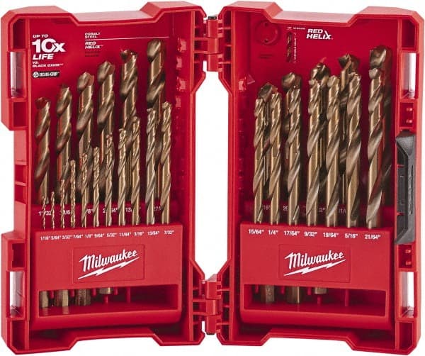 Milwaukee Tool - 1/16 to 1/2", 135° Point, Bright Finish, Cobalt Maintenance Length Drill Bit Set - Apex Tool & Supply