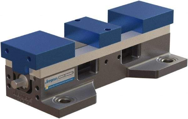 Jergens - 4" Jaw Width, 14.4" Max Jaw Opening, Manual Self Centering Vise - 7,200 Max Operating psi, 2.2" Stroke Length, 16" OAL x 6" OAW x 4" OAH - Apex Tool & Supply