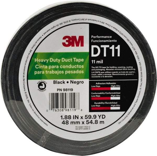 3M - 2" x 54.8m Silver Duct Tape - 11 mil, Rubber Adhesive, Polyethylene Film Backing, Series DT11 - Apex Tool & Supply