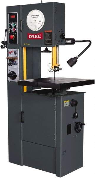 Dake - 15-1/2" Throat Capacity, Variable Speed Pulley Vertical Bandsaw - 25 to 1,200 SFPM, 2 hp, Three Phase - Apex Tool & Supply