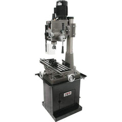 Jet - 1 Phase, 19-11/16" Swing, Geared Head Mill Drill Combination - 32-1/4" Table Length x 9-1/2" Table Width, 20-1/2" Longitudinal Travel, 8-1/4" Cross Travel, 6 Spindle Speeds, 1.5 hp, 115/230 Volts - Apex Tool & Supply