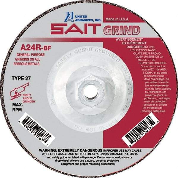 Sait - 24 Grit, 5" Wheel Diam, 1/4" Wheel Thickness, Type 27 Depressed Center Wheel - Aluminum Oxide, Resinoid Bond, R Hardness, 12,200 Max RPM, Compatible with Angle Grinder - Apex Tool & Supply