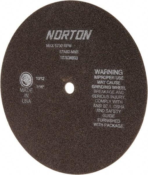Norton - 8" 60 Grit Aluminum Oxide Cutoff Wheel - 1/16" Thick, 1/2" Arbor, 5,730 Max RPM, Use with Stationary Grinders - Apex Tool & Supply