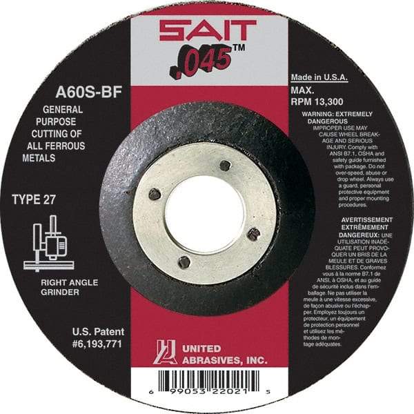 Sait - 60 Grit, 6" Wheel Diam, 7/8" Arbor Hole, Type 27 Depressed Center Wheel - Aluminum Oxide, Resinoid Bond, S Hardness, 10,200 Max RPM, Compatible with Angle Grinder - Apex Tool & Supply