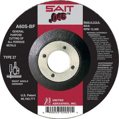 Sait - 60 Grit, 6" Wheel Diam, 7/8" Arbor Hole, Type 27 Depressed Center Wheel - Aluminum Oxide, Resinoid Bond, S Hardness, 10,200 Max RPM, Compatible with Angle Grinder - Apex Tool & Supply