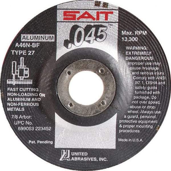 Sait - 46 Grit, 4-1/2" Wheel Diam, 7/8" Arbor Hole, Type 27 Depressed Center Wheel - Aluminum Oxide, Resinoid Bond, N Hardness, 13,300 Max RPM, Compatible with Angle Grinder - Apex Tool & Supply