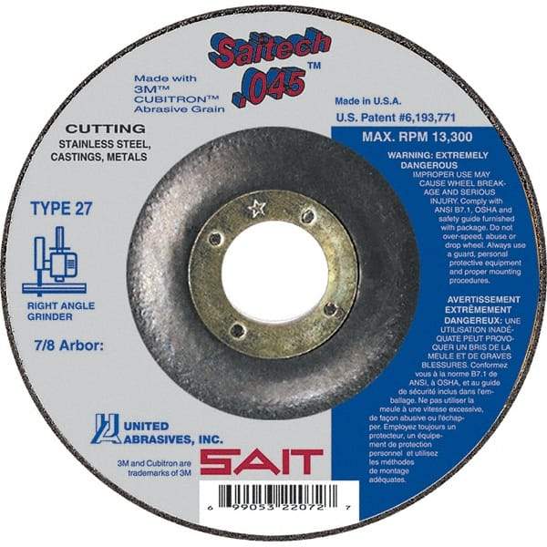 Sait - 4-1/2" Wheel Diam, 7/8" Arbor Hole, Type 27 Depressed Center Wheel - Ceramic, Resinoid Bond, 13,300 Max RPM, Compatible with Angle Grinder - Apex Tool & Supply