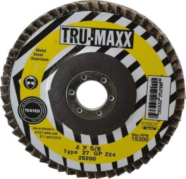 Tru-Maxx - 24 Grit, 4" Disc Diam, 5/8" Center Hole, Type 27 Zirconia Alumina Flap Disc - 15,300 Max RPM, Arbor Attaching System, Coated - Apex Tool & Supply