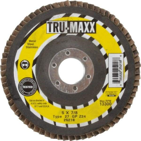 Tru-Maxx - 24 Grit, 5" Disc Diam, 7/8" Center Hole, Type 27 Zirconia Alumina Flap Disc - 12,200 Max RPM, Arbor Attaching System, Coated - Apex Tool & Supply