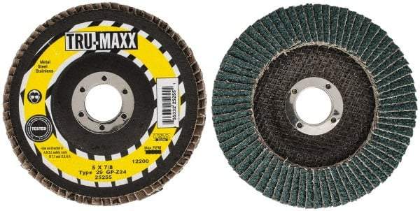 Tru-Maxx - 24 Grit, 5" Disc Diam, 7/8" Center Hole, Type 29 Zirconia Alumina Flap Disc - 12,200 Max RPM, Arbor Attaching System, Coated - Apex Tool & Supply