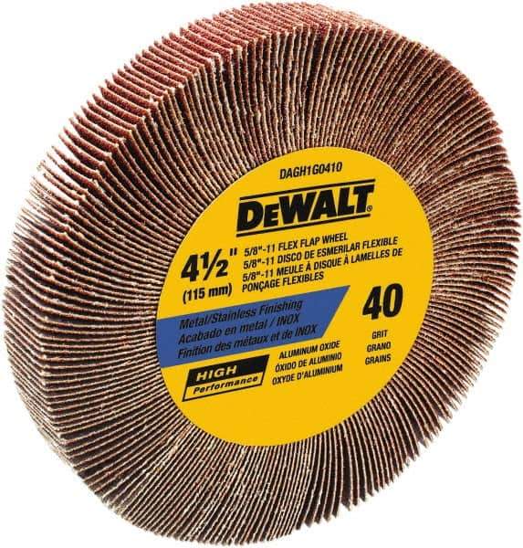 DeWALT - 4-1/2" Diam, 40 Grit Aluminum Oxide Unmounted Flap Wheel - 5/8-11 Thread, 1-1/8" Wide, Coated, Coarse Grade, 13,300 Max RPM - Apex Tool & Supply
