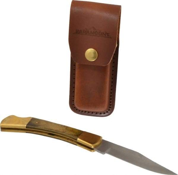 Paramount - 3-3/4" Blade, 8-1/2" OAL, Clip Point Folding Knife - 4-3/4" Closed Length, Wood, 1 Blade, Solid Brass Bolsters & Pins/Leather Sheath - Apex Tool & Supply