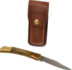 Paramount - 3-3/4" Blade, 8-1/2" OAL, Clip Point Folding Knife - 4-3/4" Closed Length, Wood, 1 Blade, Solid Brass Bolsters & Pins/Leather Sheath - Apex Tool & Supply