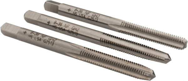 Cleveland - #8-36 UNF, 4 Flute, Bottoming, Plug & Taper, Bright Finish, High Speed Steel Tap Set - Right Hand Cut, 2-1/8" OAL, 0.38" Thread Length - Apex Tool & Supply