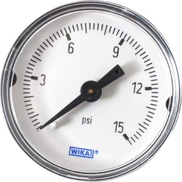 Wika - 1-1/2" Dial, 1/8 Thread, 0-15 Scale Range, Pressure Gauge - Center Back Connection Mount, Accurate to 3-2-3% of Scale - Apex Tool & Supply