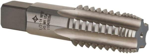 Cleveland - 1/2-14 NPTF, 4 Flutes, Bright Finish, High Speed Steel, Interrupted Thread Pipe Tap - 3-1/8 Inch Overall Length, 11/16 Inch Shank Diameter, 1-3/8 Inch Thread Length, 0.51 Inch Square Size, Regular Hook, Plug Chamfer - Apex Tool & Supply