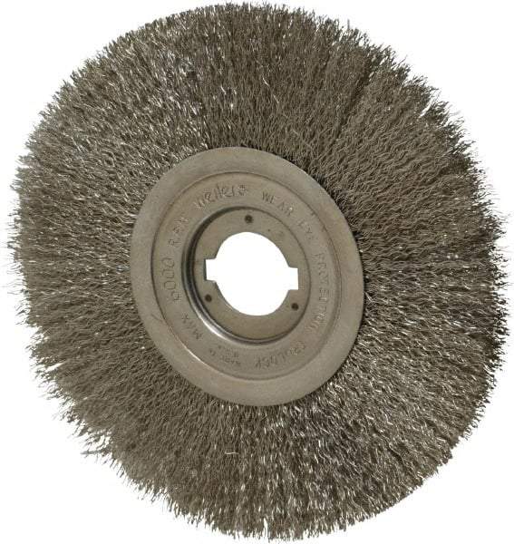 Weiler - 8" OD, 1-1/4" Arbor Hole, Crimped Stainless Steel Wheel Brush - 3/4" Face Width, 2-1/16" Trim Length, 0.0118" Filament Diam, 6,000 RPM - Apex Tool & Supply