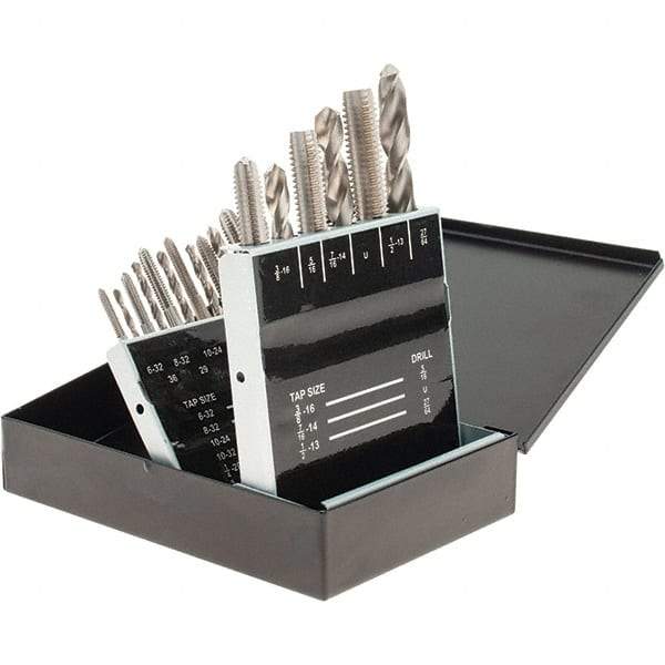 Chicago-Latrobe - F to U Drill, #6-32 to 1/2-13 Tap, Hand Tap and Drill Set - Bright Finish High Speed Steel Drills, Bright Finish High Speed Steel Taps, Plug Chamfer, 18 Piece Set, Includes Metal Index Case - Exact Industrial Supply